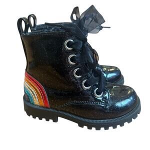 Self Esteem black patent leather rainbow high top lace toddler‎ boots SIZE 6